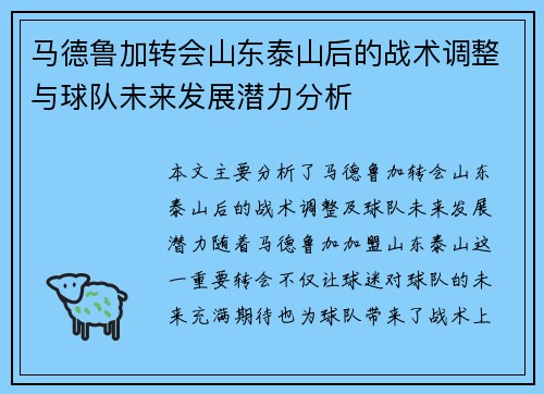 马德鲁加转会山东泰山后的战术调整与球队未来发展潜力分析 马德鲁加转会山东泰山后的战术调整与球队未来发展潜力分析