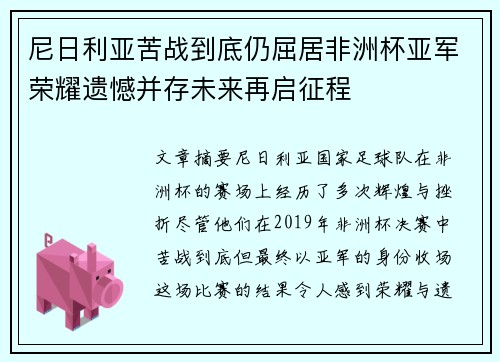 尼日利亚苦战到底仍屈居非洲杯亚军荣耀遗憾并存未来再启征程